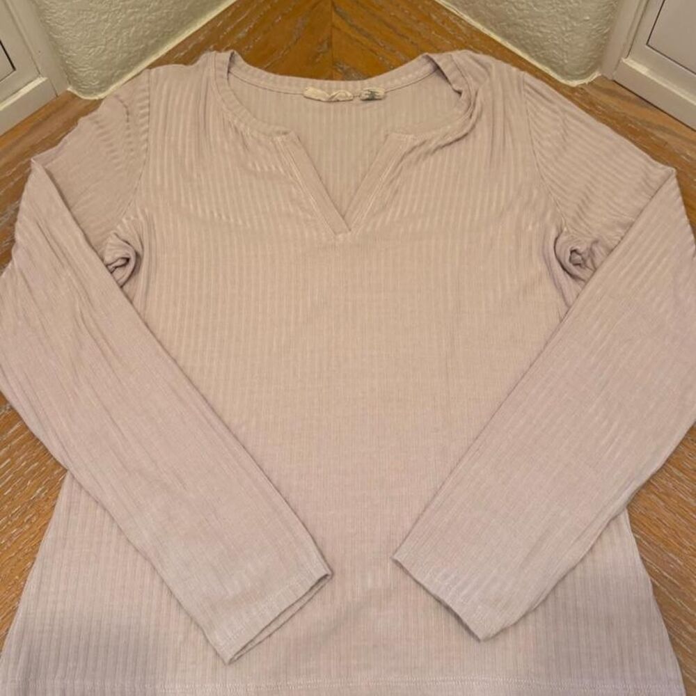 Christian Siriano Beige Ribbed Long Sleeve Top